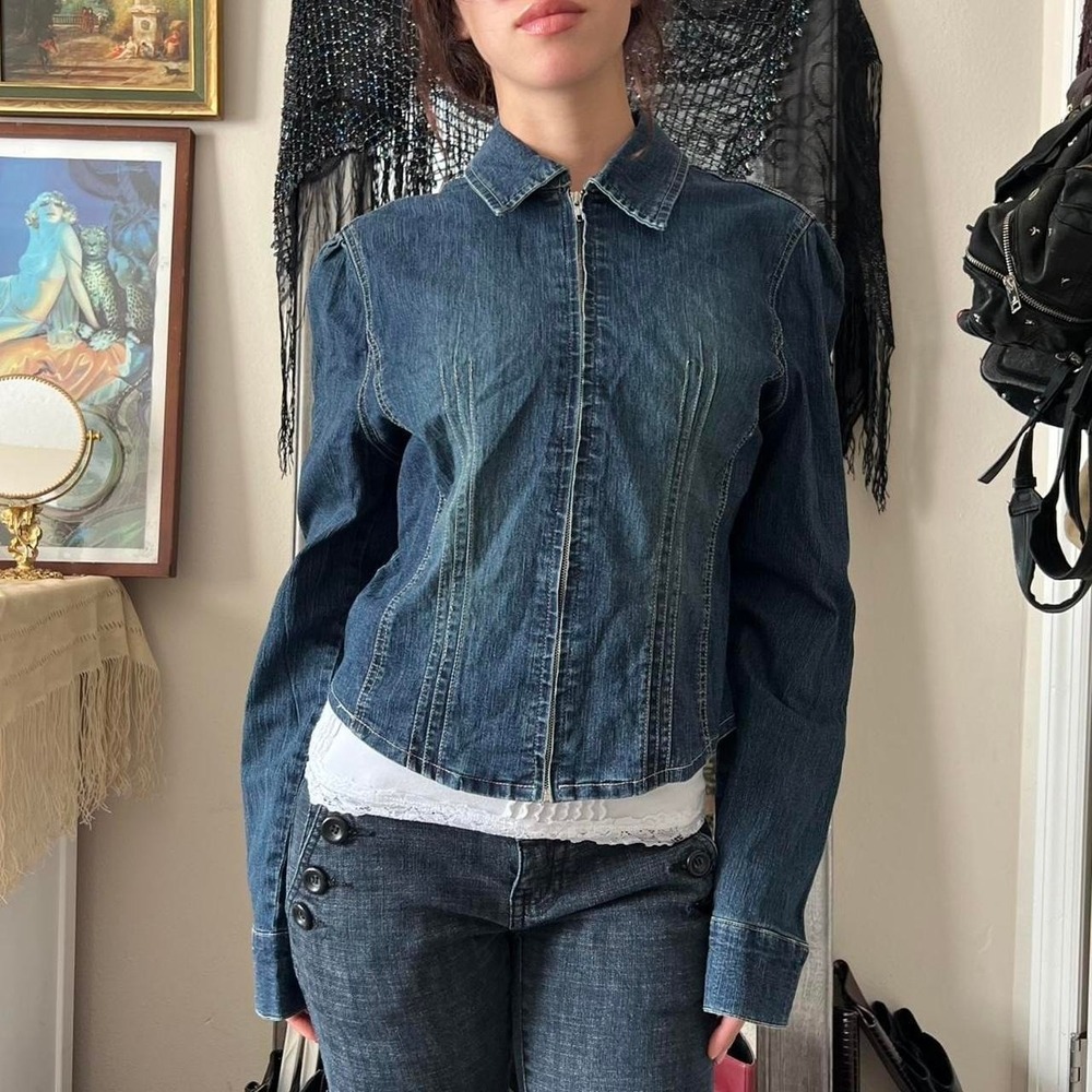 2000s European Amisu Dark Denim Zip Up with cute puff sleeves XL